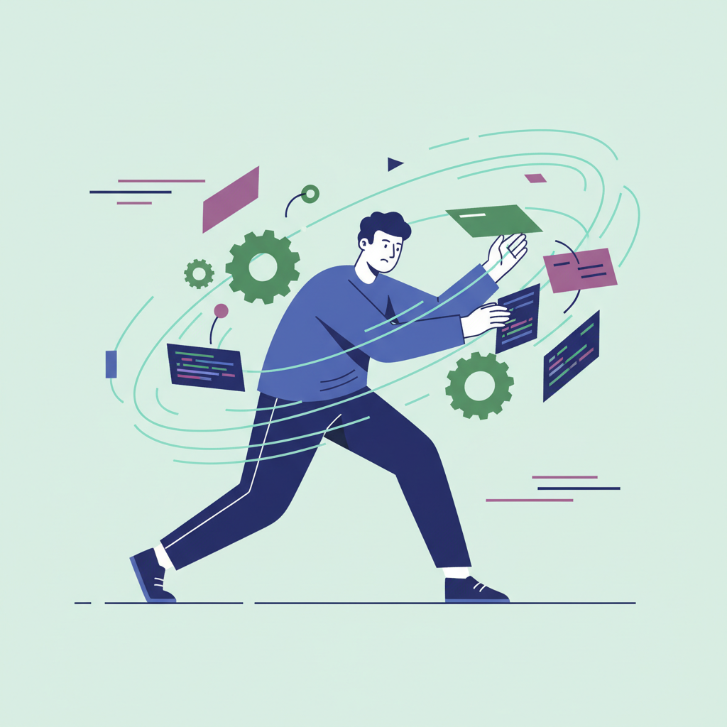 An engineer in motion, actively assembling technical elements.